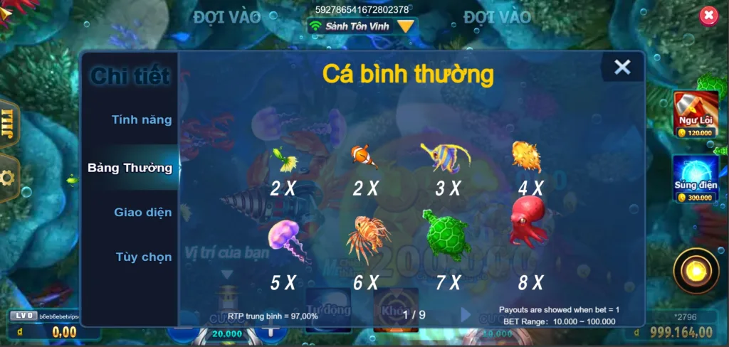 Bảng Thưởng Mega Fishing Betvip