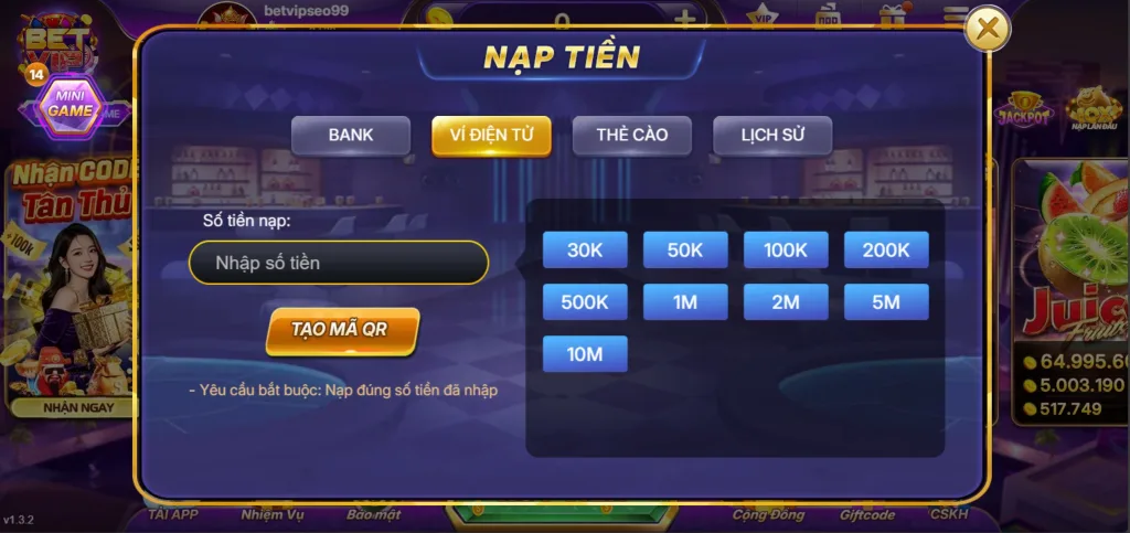 Nạp tiền Betvip qua Ví Điện Tử